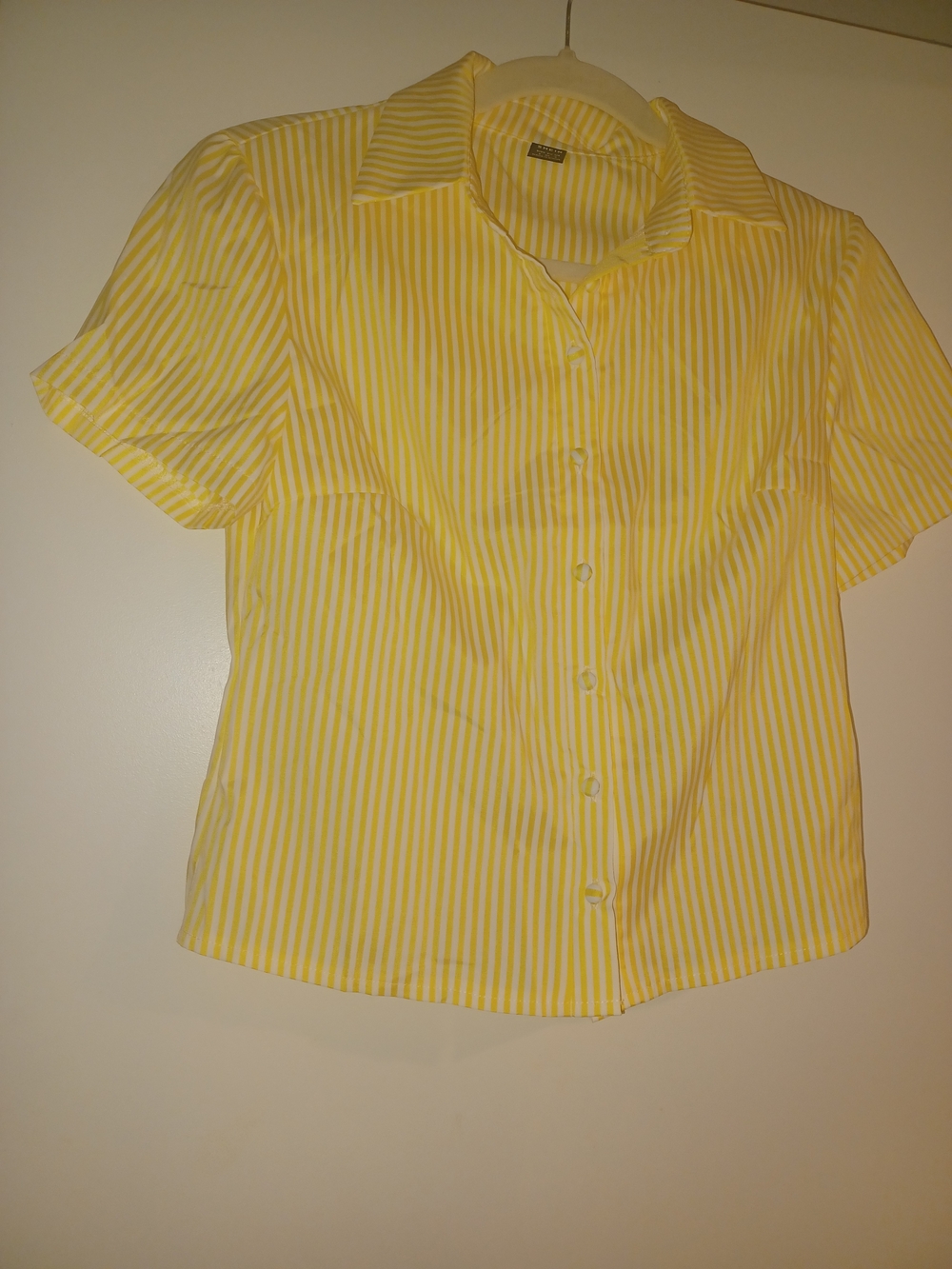 SHEIN Yellow and White Striped Short Sleeve Button-Up Blouse